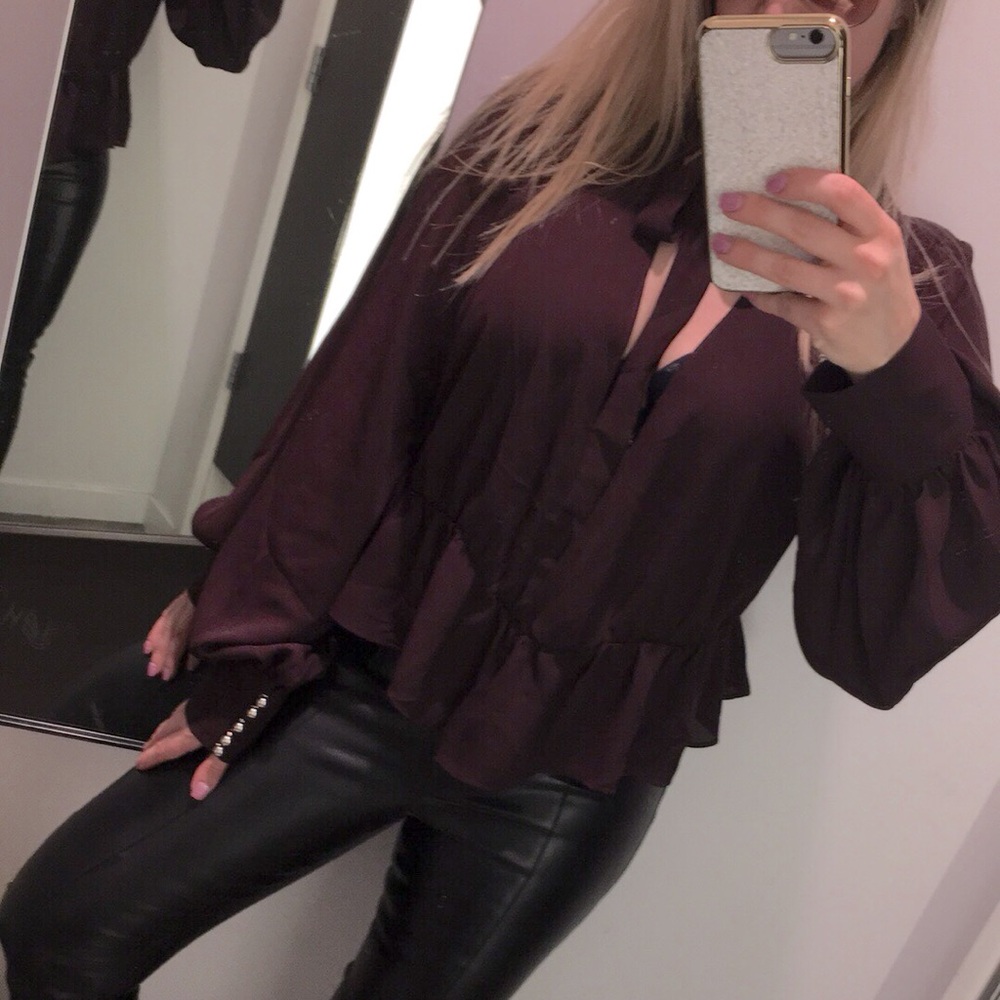 Express BNWT sheer maroon blouse with tie neck feature